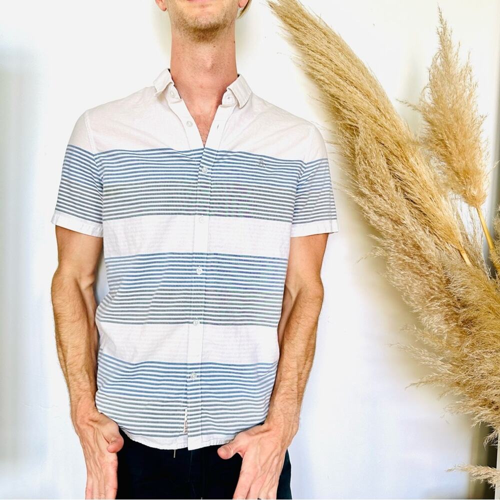 MENS ORIGINAL PENGUIN Blue White Stripe Casual Button Down Short Sleeve Shirt L